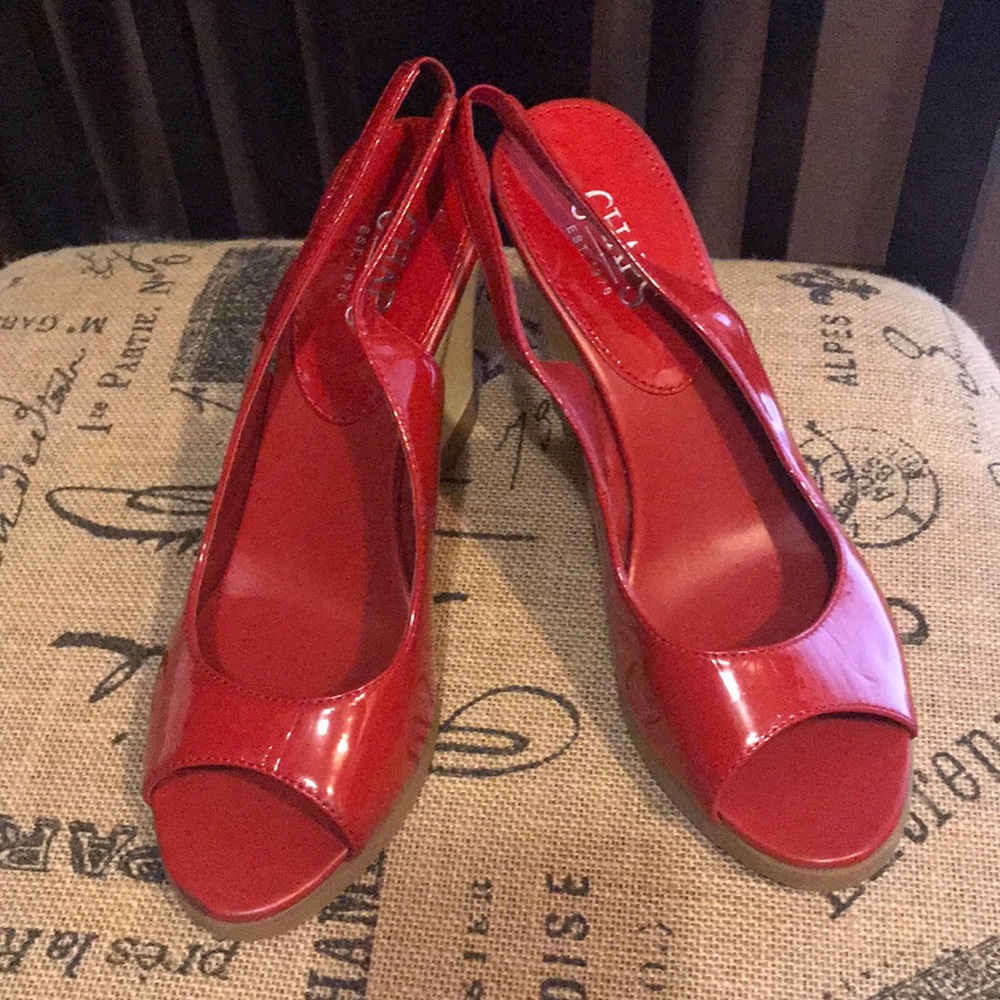 Chaps red patent wedge peep toe heels/sandals  9B
